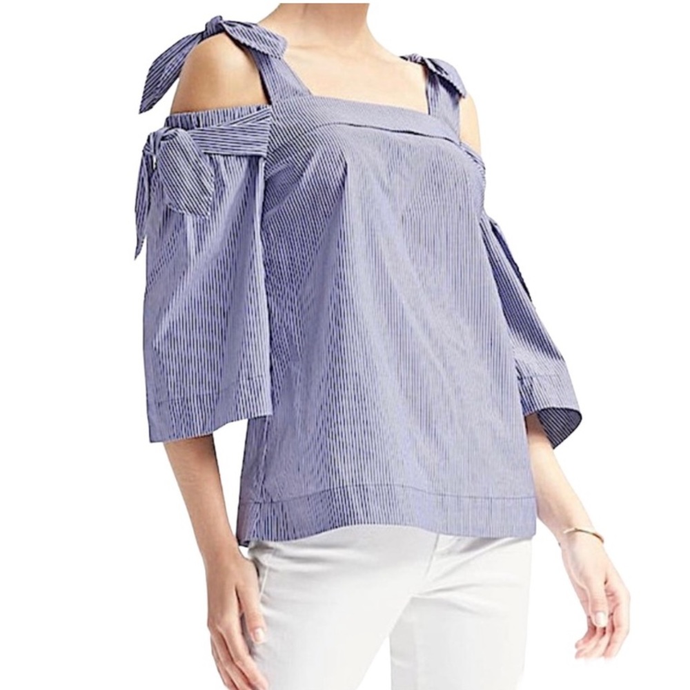 Banana Republic Double Bow Cold Shoulder Striped Top Blue White Coquette Stripe - Picture 13 of 13